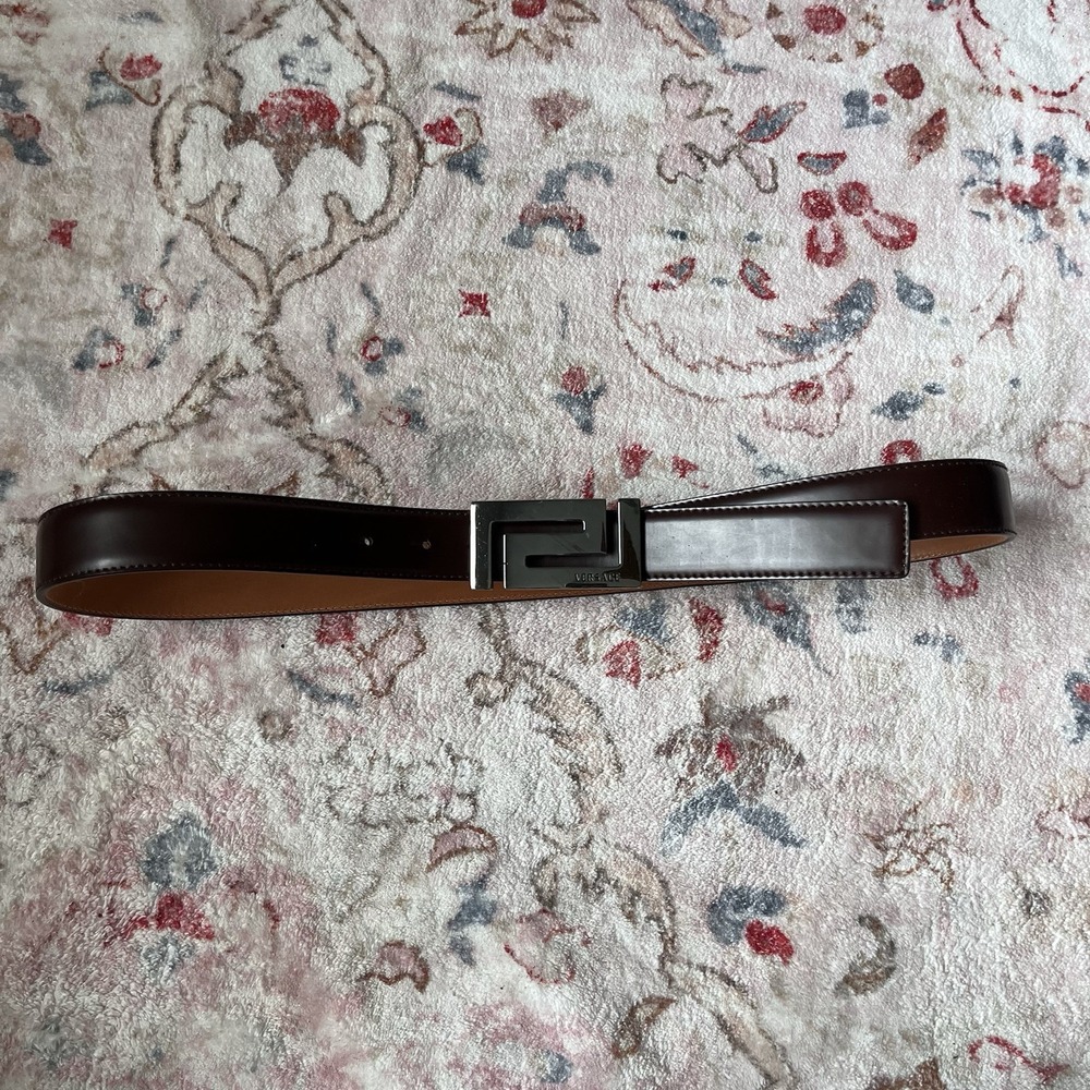 Versace Greca Leather Belt Dark Brown‎ Silver